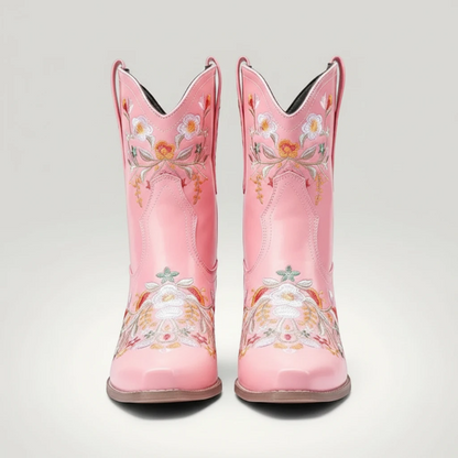 Yehaw pink vegan leather ankle cowgirl boots with pointed toes and colourful floral embroidery