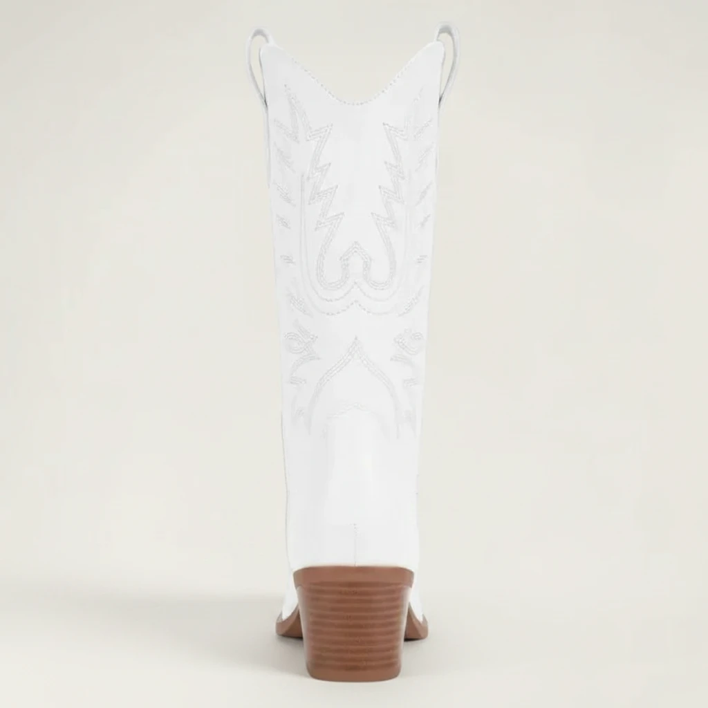 Yehaw white vegan leather mid-calf cowgirl boots with pointed toe and medium heel.