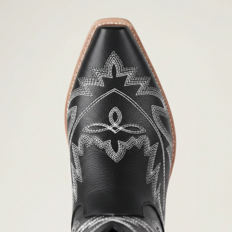 Yehaw SALLY black vegan leather mid-calf cowgirl boots with white western embroidery and a square toe