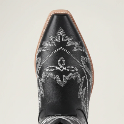 Yehaw SALLY black vegan leather mid-calf cowgirl boots with white western embroidery and a square toe