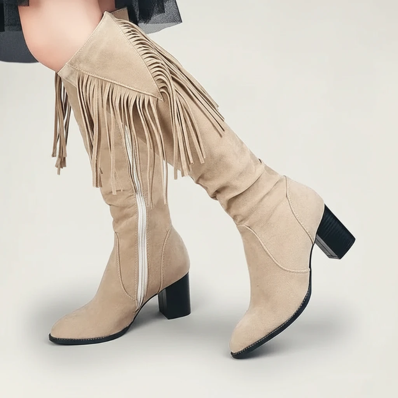 Yehaw LULA beige vegan suede knee-high cowgirl boots with fringe detail and block heel