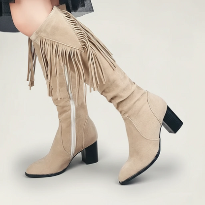 Yehaw LULA beige vegan suede knee-high cowgirl boots with fringe detail and block heel