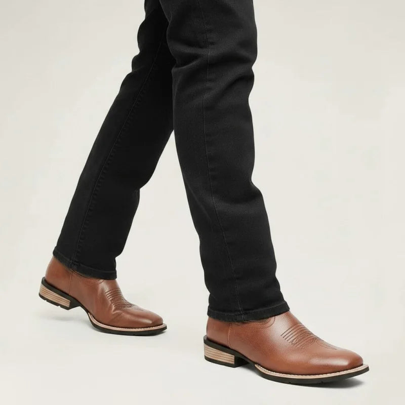 Yehaw BILLY brown vegan leather cowboy boots with round toe and low heel worn with black jeans