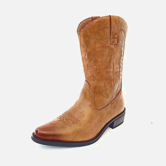 Chaussures santiags pour homme Yehaw marron, en cuir avec détails stylés, visibles sous différents angles.