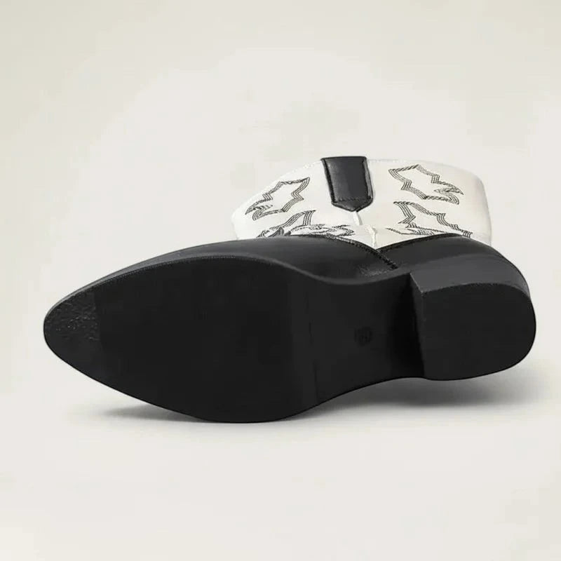 Yehaw DANIELA mid-calf vegan leather cowgirl boots in black and white with pointed toe and western embroidery