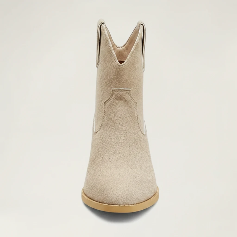 Yehaw ROSIE beige vegan suede ankle cowboy boots for women with a medium block heel and round toe design.