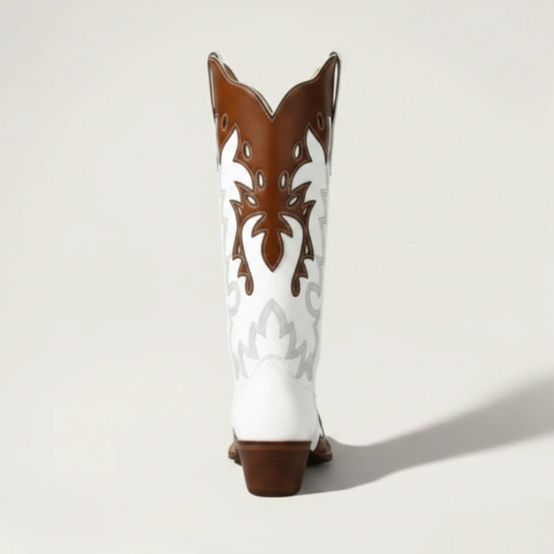 Yehaw brown and white vegan leather mid-calf cowgirl boots with pointed toe and decorative stitching.