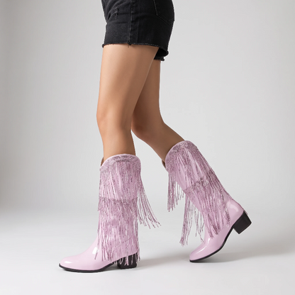 Yehaw TAMMIE pink vegan leather mid-calf cowgirl boots with pointed toe and decorative metallic fringe detailing.