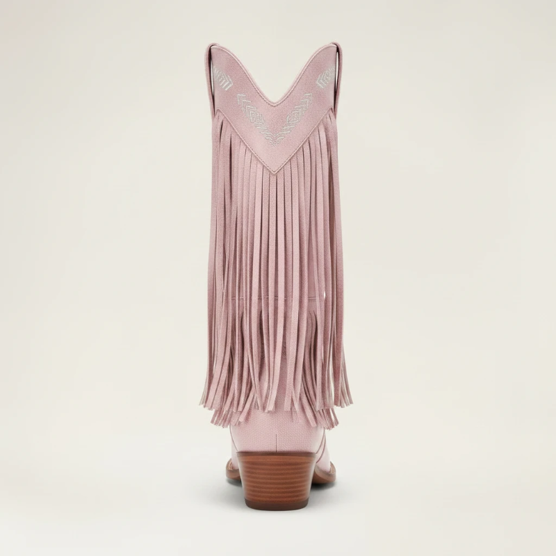 Yehaw pink vegan leather cowgirl boots with fringe and pointed toe, mid-calf height.