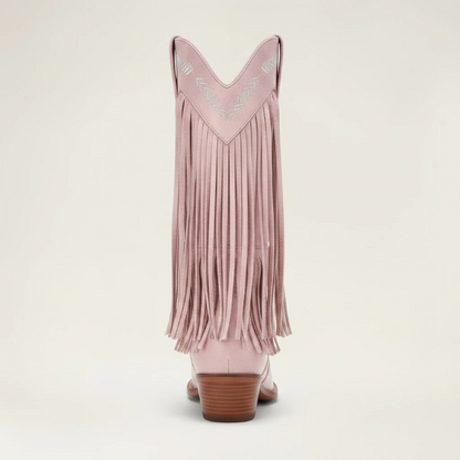 Yehaw pink vegan leather cowgirl boots with fringe and pointed toe, mid-calf height.