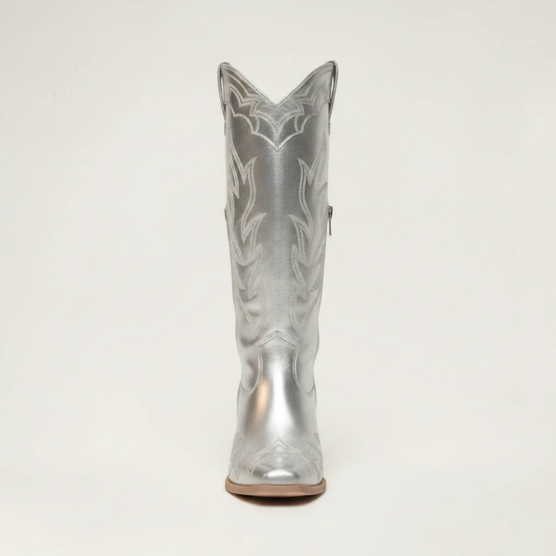 Yehaw VIOLET silver vegan microfibre mid-calf cowgirl boots with pointed toe and high block heel