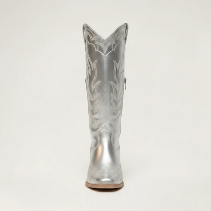 Yehaw VIOLET silver vegan microfibre mid-calf cowgirl boots with pointed toe and high block heel