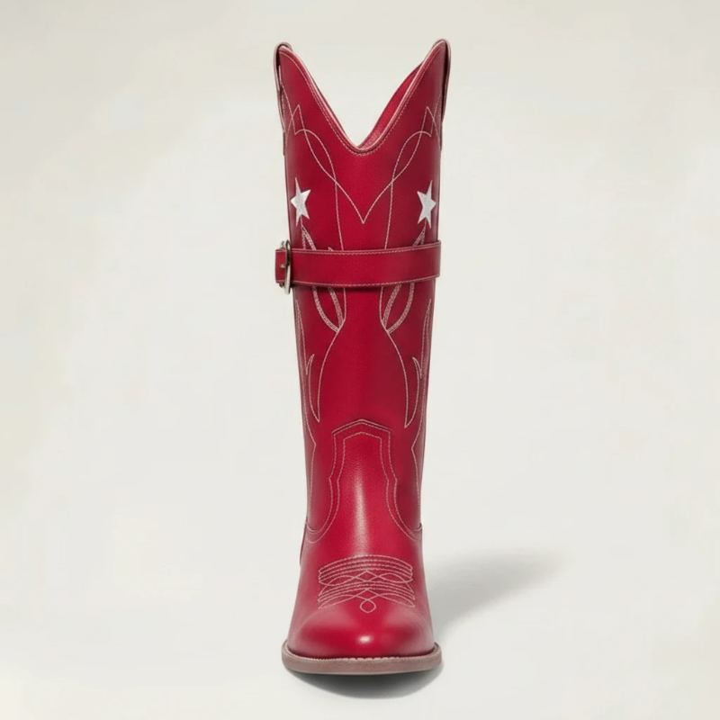 Yehaw red vegan leather mid-calf cowgirl boots with white star embroidery and a heart-shaped buckle strap.