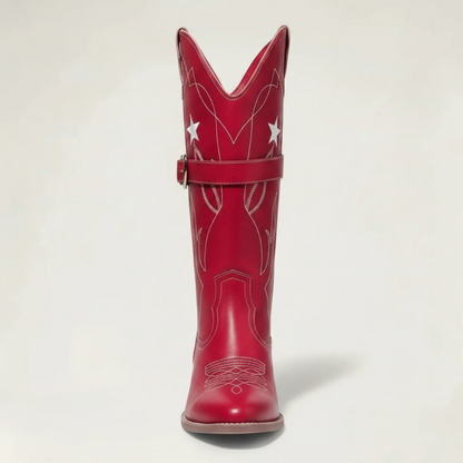 Yehaw red vegan leather mid-calf cowgirl boots with white star embroidery and a heart-shaped buckle strap.