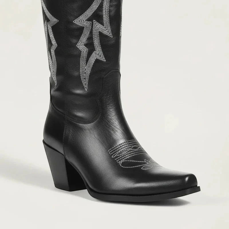 Yehaw BEATRICE black vegan leather knee-high cowgirl boots with white western embroidery and a pointed toe.