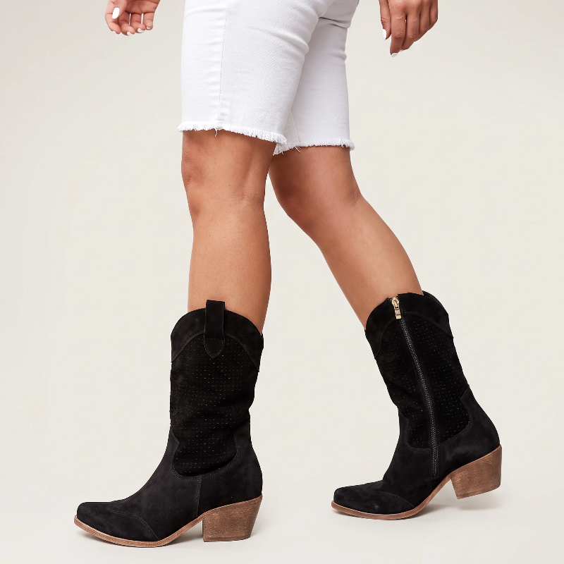 Yehaw black vegan leather ankle cowgirl boots with a perforated shaft and a medium block heel.