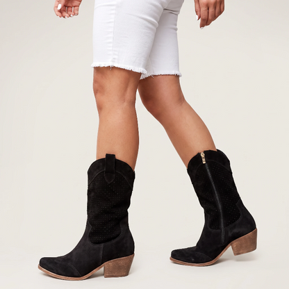 Yehaw black vegan leather ankle cowgirl boots with a perforated shaft and a medium block heel.