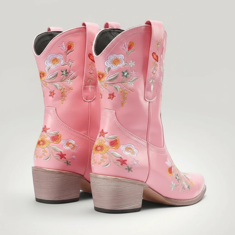 Yehaw pink vegan leather ankle cowgirl boots with pointed toes and colourful floral embroidery