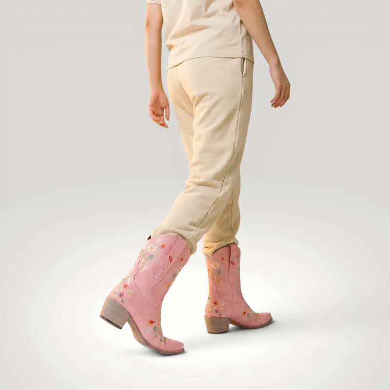 Yehaw pink vegan leather cowgirl boots with floral embroidery and pointed toe, ankle height.