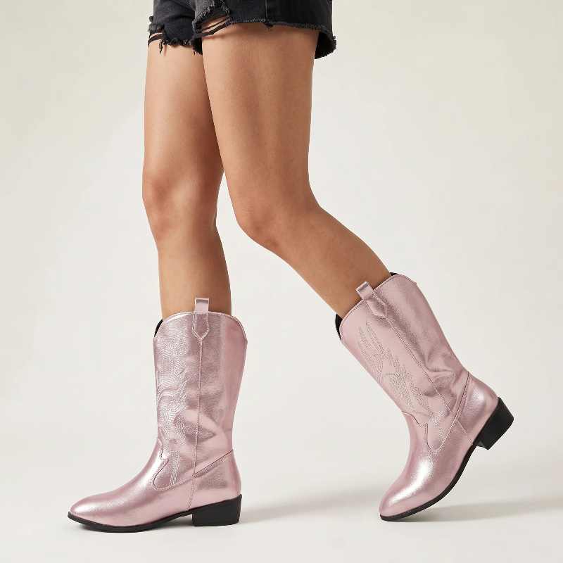 Yehaw Catalina pink vegan leather mid-calf cowgirl boots with pointed toe and western embroidery detail