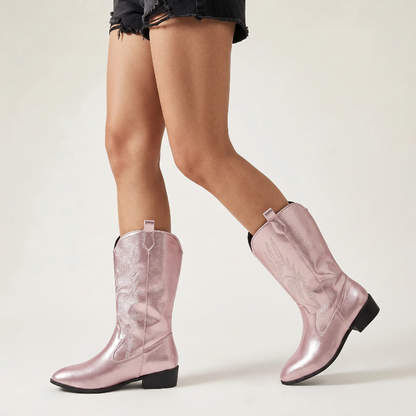 Yehaw Catalina pink vegan leather mid-calf cowgirl boots with pointed toe and western embroidery detail