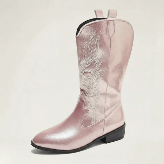 Yehaw Catalina pink vegan leather mid-calf cowgirl boots with pointed toe and western embroidery detail