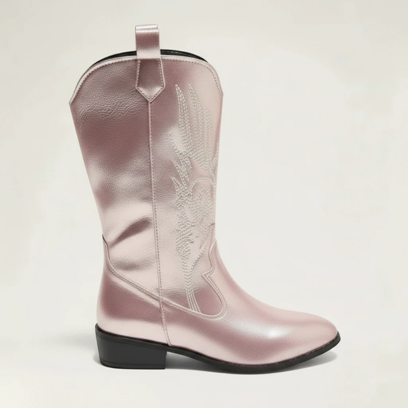 Yehaw Catalina pink vegan leather mid-calf cowgirl boots with pointed toe and western embroidery detail