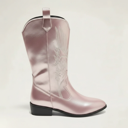 Yehaw Catalina pink vegan leather mid-calf cowgirl boots with pointed toe and western embroidery detail