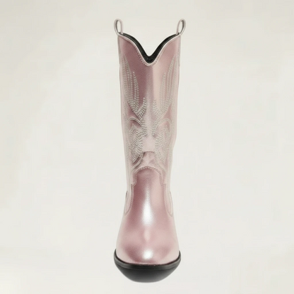 Yehaw Catalina pink vegan leather mid-calf cowgirl boots with pointed toe and western embroidery detail
