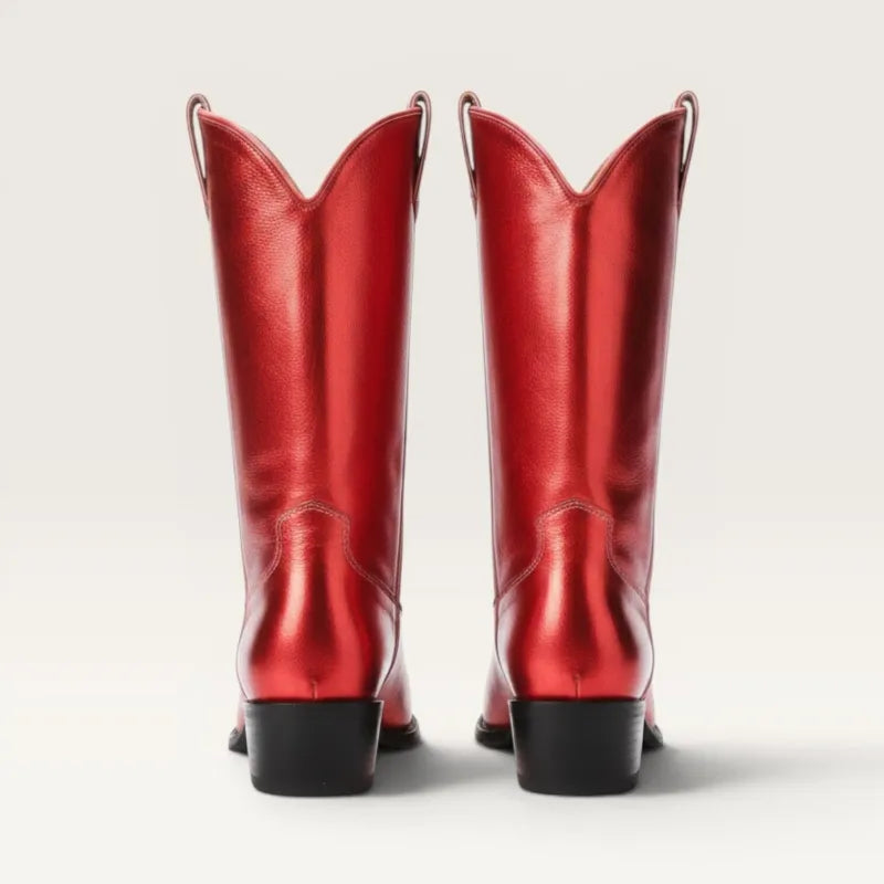 Yehaw red vegan leather mid-calf cowgirl boots with pointed toe and decorative stitching.