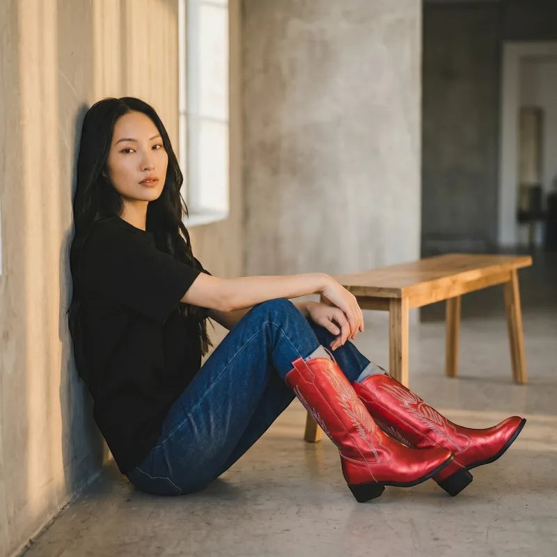 Yehaw red vegan leather mid-calf cowgirl boots with pointed toe and decorative stitching