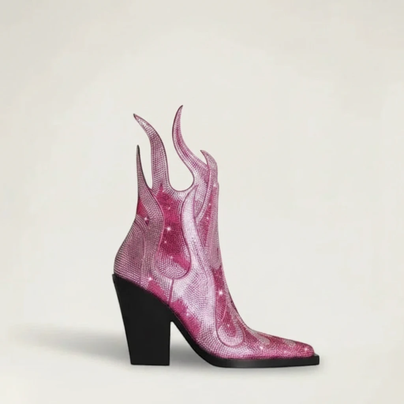 Yehaw IRIS pink ankle cowgirl boots in vegan microfibre with rhinestone flame details, square toe, and high block heel.