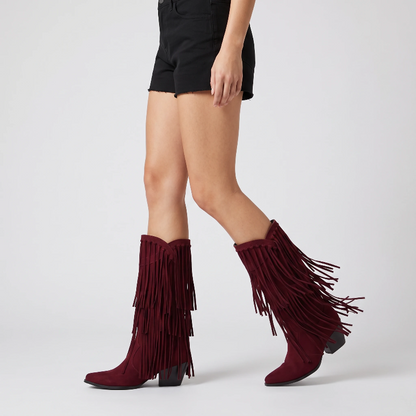 Yehaw red vegan suede mid-calf cowgirl boots with fringe detail and pointed toe