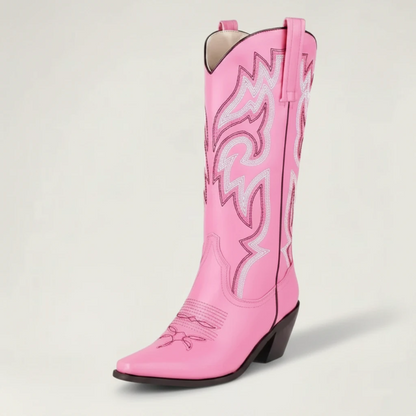 Yehaw CECILIA pink vegan leather mid-calf cowgirl boots with pointed toe and white western embroidery stitching