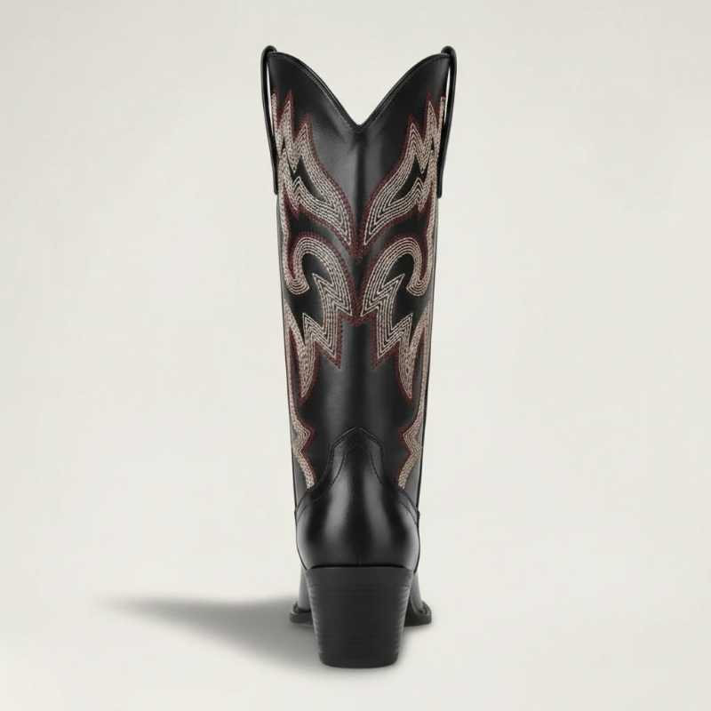 Yehaw CECILIA black vegan leather mid-calf cowgirl boots with pointed toe and decorative western stitching