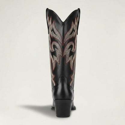 Yehaw CECILIA black vegan leather mid-calf cowgirl boots with pointed toe and decorative western stitching