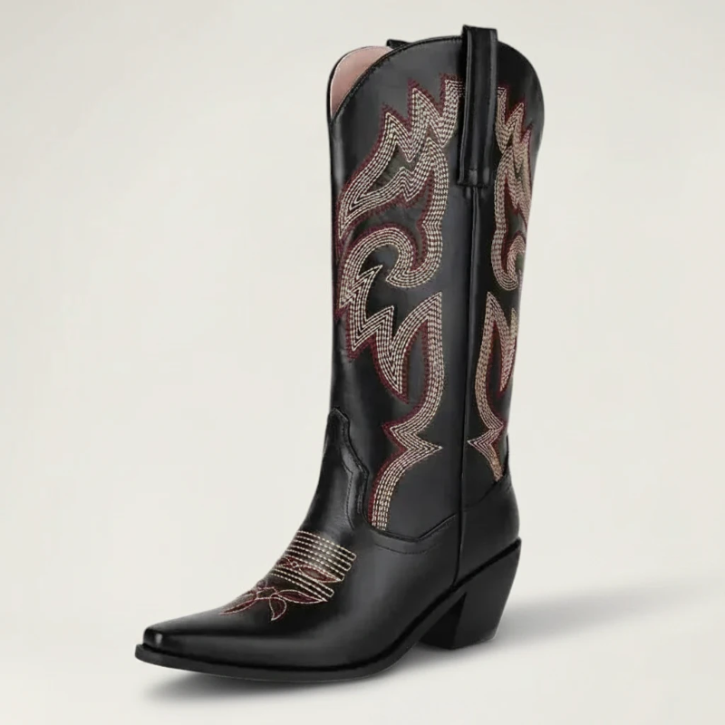 Yehaw CECILIA black vegan leather mid-calf cowgirl boots with pointed toe and decorative western stitching