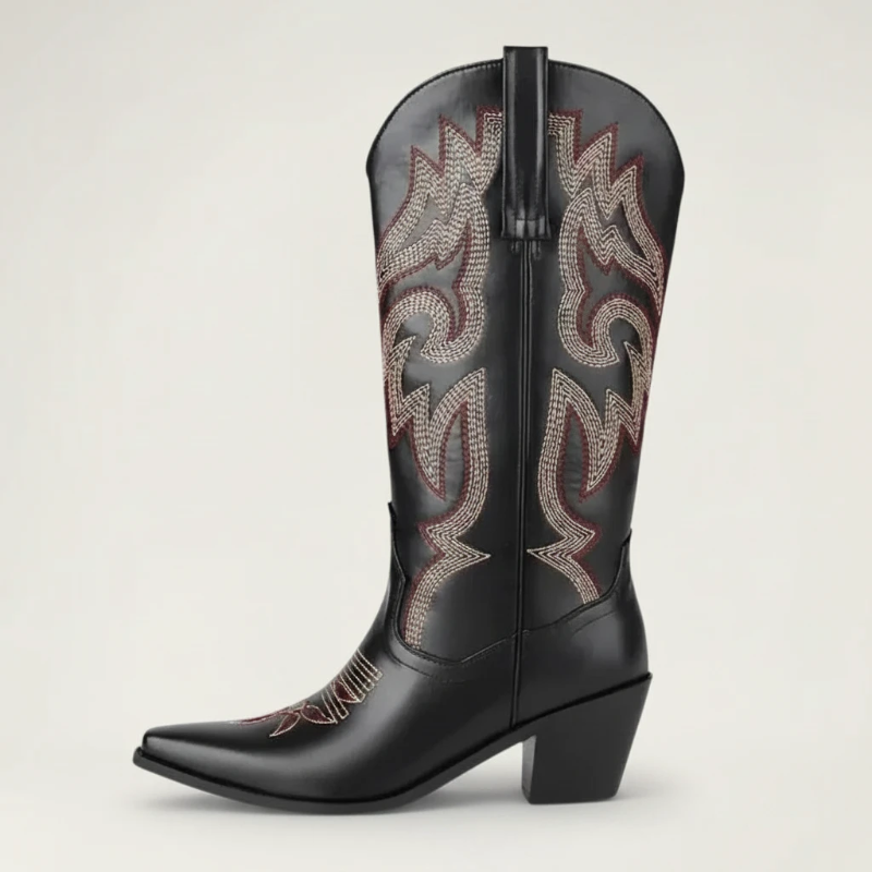 Yehaw CECILIA black vegan leather mid-calf cowgirl boots with pointed toe and decorative western stitching