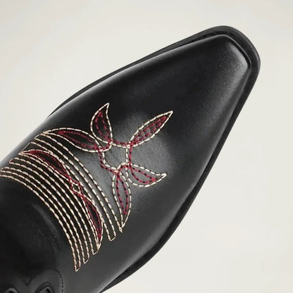 Yehaw CECILIA black vegan leather mid-calf cowgirl boots with pointed toe and decorative western stitching