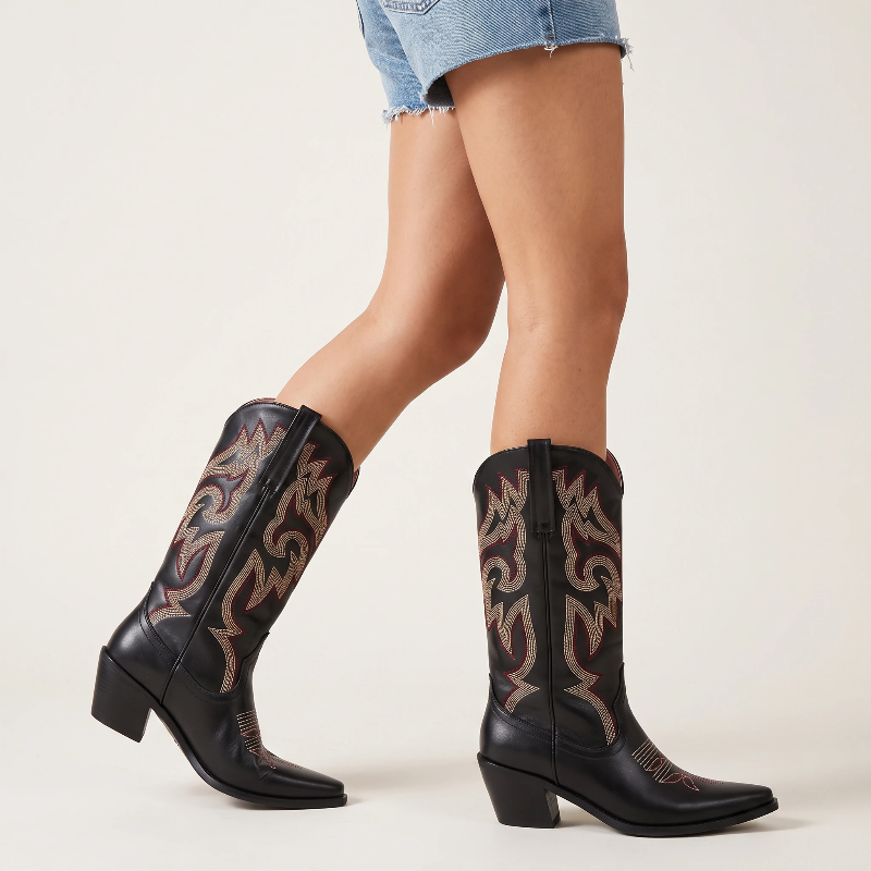 Yehaw CECILIA black vegan leather mid-calf cowgirl boots with pointed toe and decorative western stitching