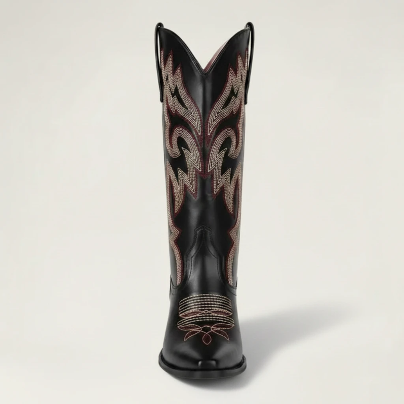 Yehaw CECILIA black vegan leather mid-calf cowgirl boots with pointed toe and decorative western stitching