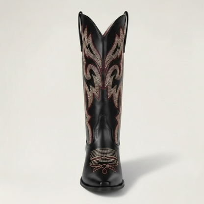 Yehaw CECILIA black vegan leather mid-calf cowgirl boots with pointed toe and decorative western stitching