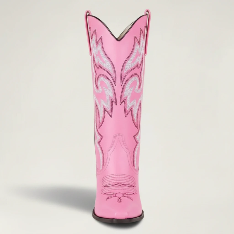 Yehaw CECILIA pink vegan leather mid-calf cowgirl boots with pointed toe and white western embroidery stitching