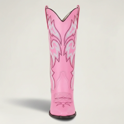 Yehaw CECILIA pink vegan leather mid-calf cowgirl boots with pointed toe and white western embroidery stitching