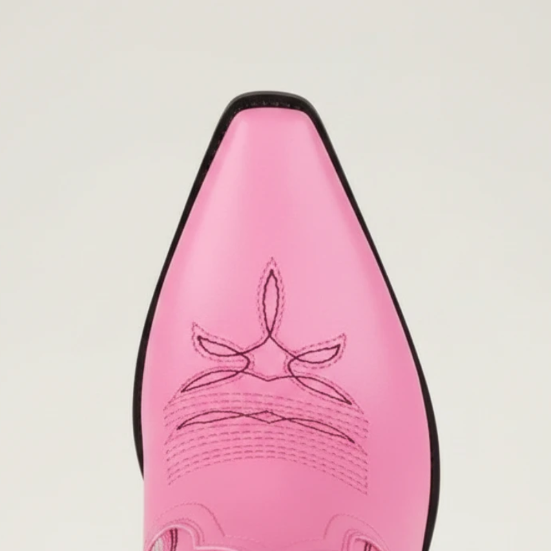 Yehaw CECILIA pink vegan leather mid-calf cowgirl boots with pointed toe and white western embroidery stitching