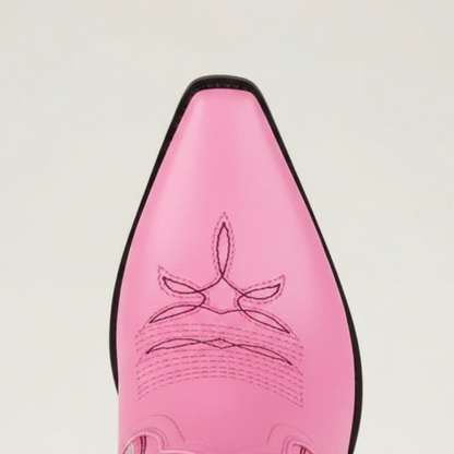 Yehaw CECILIA pink vegan leather mid-calf cowgirl boots with pointed toe and white western embroidery stitching
