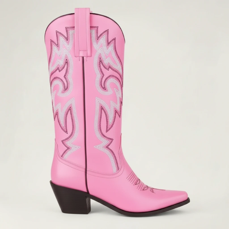 Yehaw CECILIA pink vegan leather mid-calf cowgirl boots with pointed toe and white western embroidery stitching