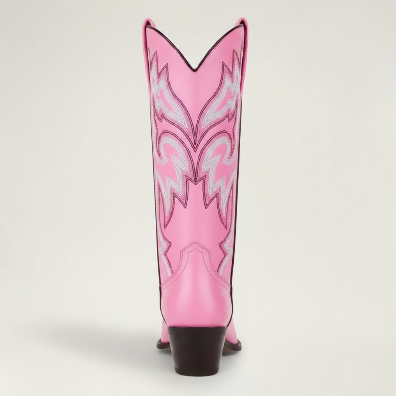 Yehaw CECILIA pink vegan leather mid-calf cowgirl boots with pointed toe and white western embroidery stitching