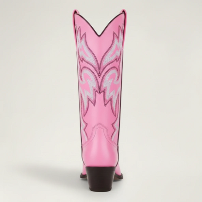 Yehaw CECILIA pink vegan leather mid-calf cowgirl boots with pointed toe and white western embroidery stitching