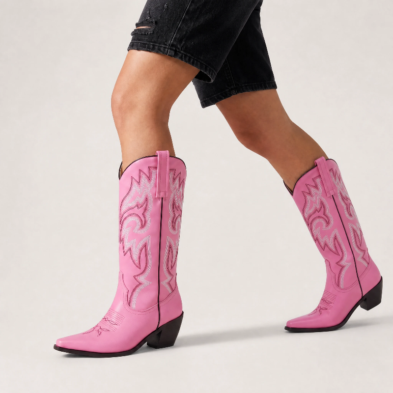 Yehaw CECILIA pink vegan leather mid-calf cowgirl boots with pointed toe and white western embroidery stitching